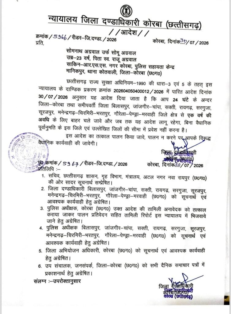 आदतन अपराधी सोमनाथ अग्रवाल एक वर्ष के लिए जिला बदर लगातार आपराधिक गतिविधियों, आमजन में भय का वातावरण एवं कानून-व्यवस्था प्रभावित होने पर जिला दण्डाधिकारी ने जारी किया आदेश