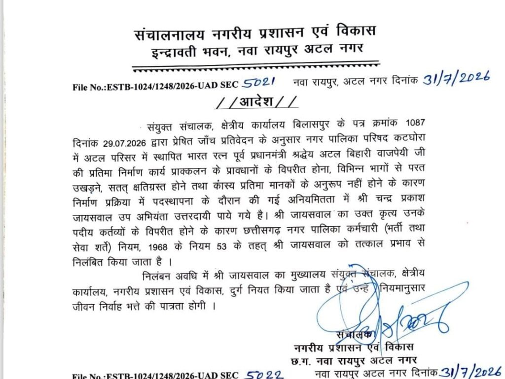 कटघोरा में अटलजी की कांस्य प्रतिमा मानकों के अनुरूप नहीं होने पर उप अभियंता तत्काल प्रभाव से निलंबित
