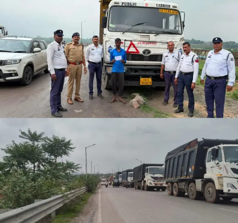 कोरबा: नो पार्किंग में खड़े 3 ट्रेलरों पर ₹30 हजार का चालान, हसदेव पुल पर जाम में फंसी एंबुलेंस