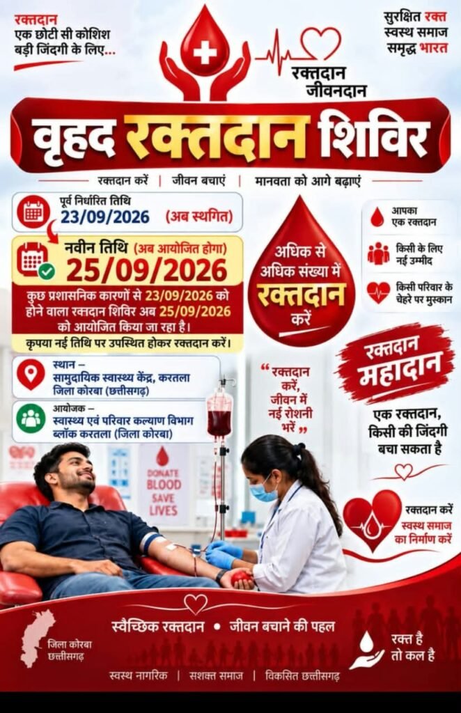 कोरबा ब्रेकिंग: 23 को होने वाला वृहद रक्तदान शिविर अब 25 सितंबर को, CHC करतला में होगा आयोजन